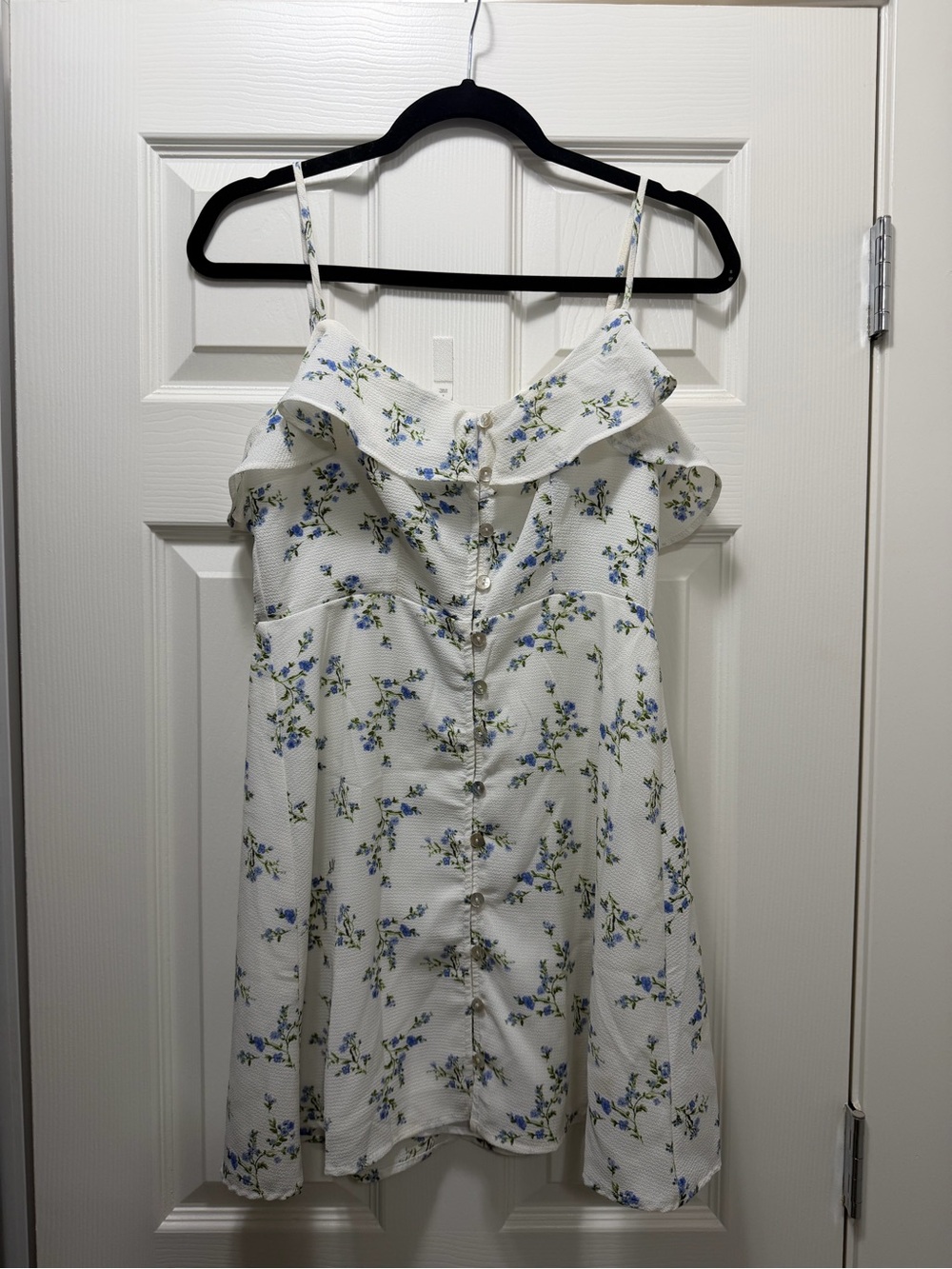White Floral Ruffle-Trim Mini Sundress with Buttons